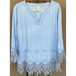 Chicos Embroidered Lyocell Tunic Top Blouse Crochet Trim Long Sleeve XL Petite 3
